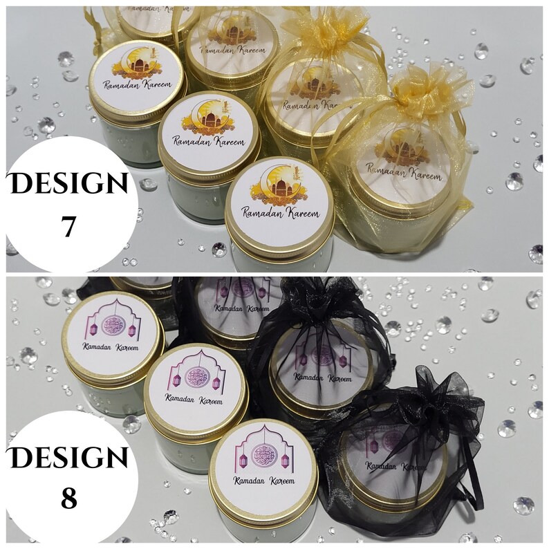May include: Two designs of Ramadan Kareem candles in glass jars with gold lids. The candles are decorated with a mosque and crescent moon design. The candles are packaged in gold and black organza bags.