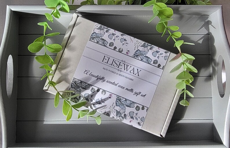 K&ouml;nnte beinhalten: Ein Geschenkset mit Duftwachs-Schmelzen in einer wei&szlig;en Schachtel mit floralem Design, auf einem grauen Tablett mit gr&uuml;nem Laub. Auf der Schachtel steht "ELISEWAX" und "A beautifully scented wax melts gift set."