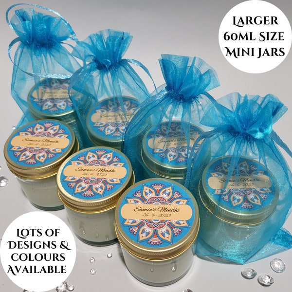 Personalised mehndi gifts Mini candle mehndi party favours Personalised candle favours Bespoke mehndi gifts for guests Mehndi favours