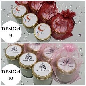 May include: Two designs of Ramadan Kareem candles in glass jars with gold lids. The candles are decorated with Arabic calligraphy and a crescent moon. The candles are packaged in sheer pink and red bags.