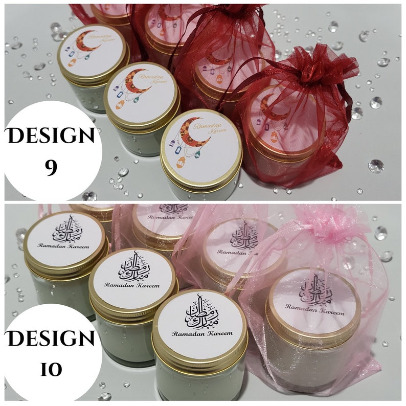 May include: Two designs of Ramadan Kareem candles in glass jars with gold lids. The candles are decorated with Arabic calligraphy and a crescent moon. The candles are packaged in sheer pink and red bags.