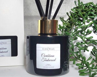 Emerald Glass Reed Diffuser: Caribbean Teakwood Scent, Black Reeds