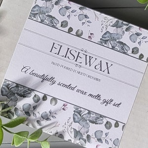 K&ouml;nnte beinhalten: Ein Geschenkset mit Duftwachs-Schmelzen in einer dekorativen Schachtel. Die Schachtel zeigt ein florales Design mit dem Text "ELISEWAX" und "A beautifully scented wax melts gift set". Gr&uuml;ne Blattzweige umrahmen die Schachtel.