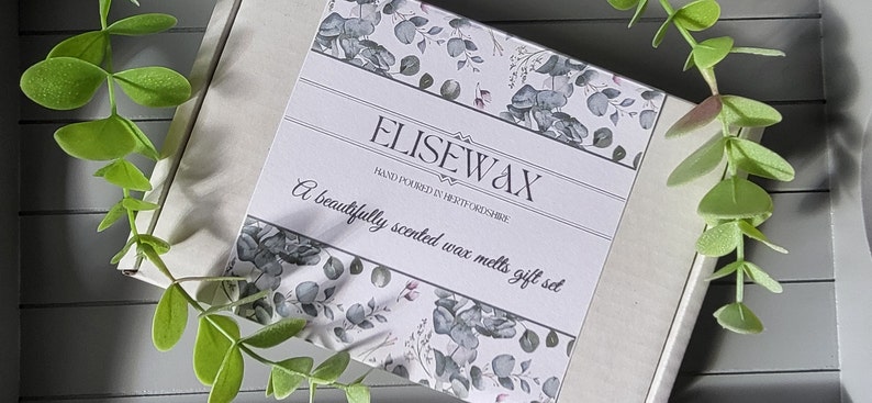 K&ouml;nnte beinhalten: Ein Geschenkset mit Duftwachs-Schmelzen in einer dekorativen Schachtel. Die Schachtel zeigt ein florales Design mit dem Text "ELISEWAX" und "A beautifully scented wax melts gift set". Gr&uuml;ne Blattzweige umrahmen die Schachtel.