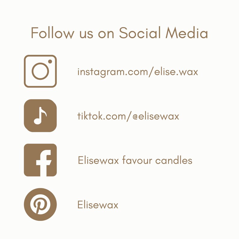 K&ouml;nnte beinhalten: Cremefarbene Grafik mit dem Text "Follow us on Social Media". Enth&auml;lt Social-Media-Symbole f&uuml;r Instagram, TikTok, Facebook und Pinterest mit den entsprechenden Benutzernamen und Firmennamen.