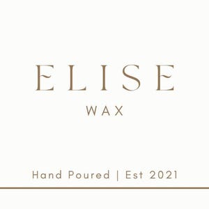 May include: A minimalist logo design featuring the name "ELISE" in a serif font above the word "WAX". Below, the text reads "Hand Poured | Est 2021" in a complementary font. The background is a soft, off-white color.