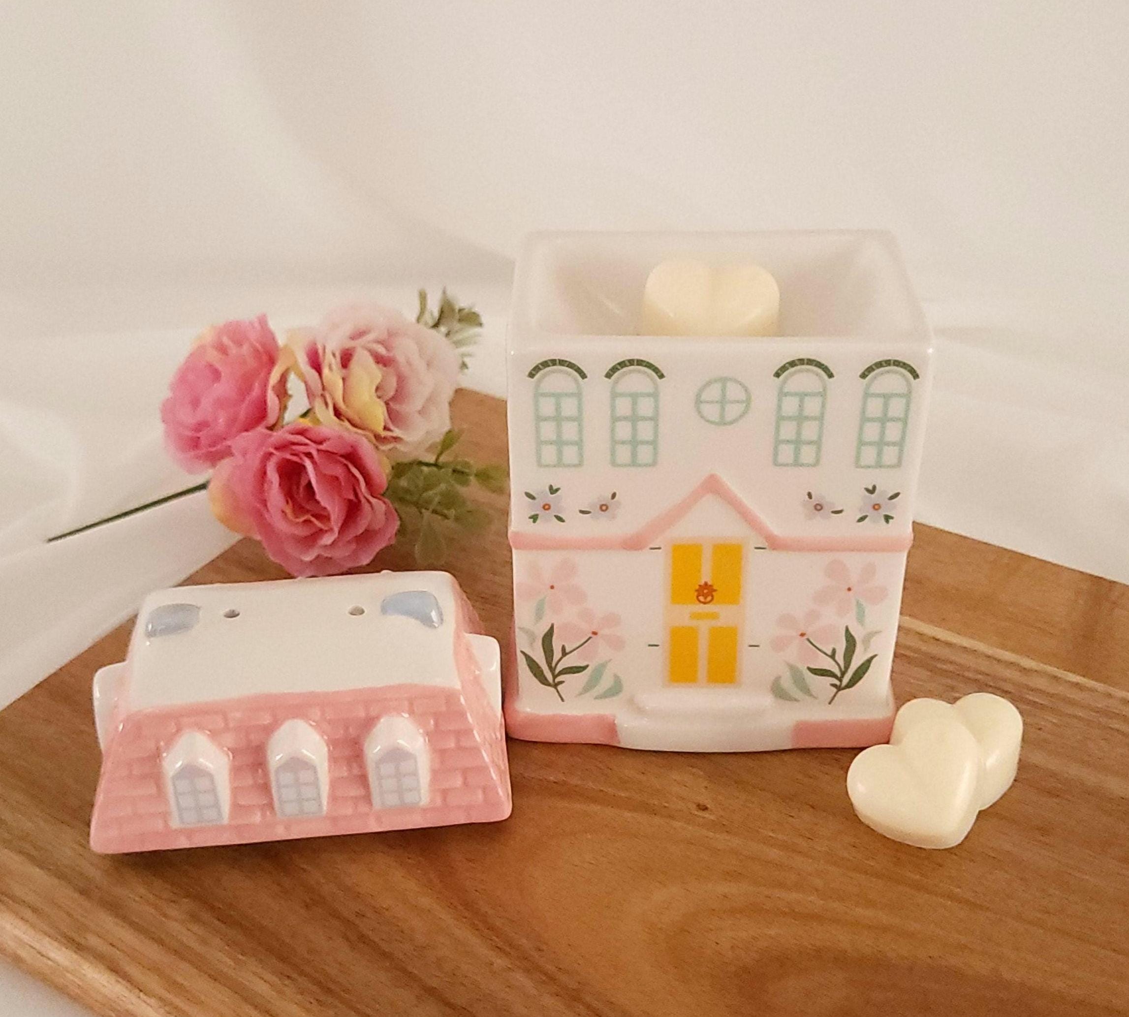 Pastel pink house shaped wax melter with three free melts Mothers day scented gifts Pink cottage core oil burner Fragranced gifts for Mums