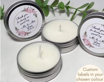 Personalised wedding favours Bespoke mini scented tin candle Civil ceremony guest gifts