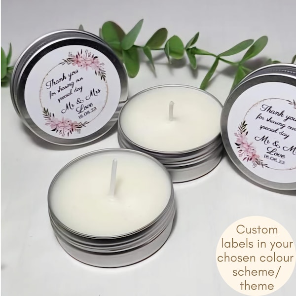 Personalised wedding favours Bespoke mini scented tin candle Civil ceremony guest gifts