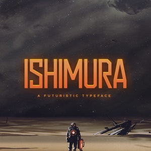 May include: A futuristic font design called "Ishimura" in orange and yellow letters against a dark, starry background. The text is set against a desolate landscape with a lone figure in a spacesuit walking towards a wrecked spaceship.