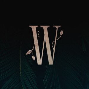 Peut inclure: Une lettre W en métal argenté avec un motif de vigne et de feuilles sur un fond vert foncé.