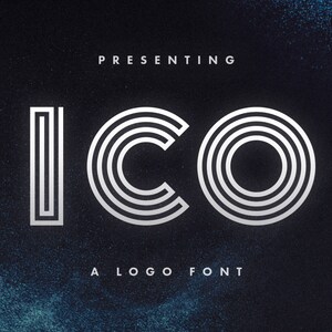 May include: A logo font called "ICO" with a white, geometric design on a dark blue background. The text "PRESENTING" appears above the logo and "A LOGO FONT" appears below.