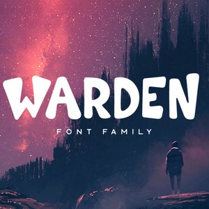 May include: Warden Font Family text in a white, cartoon-style font against a dark, starry night sky background. A person stands on a rocky outcropping in the foreground.