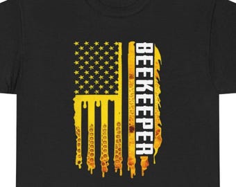 Beekeeper American Flag T-Shirt | Bee Honeycomb Dripping Design