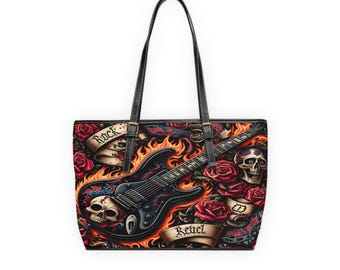 Flaming Electric Guitar Rock Tote PU Leather Shoulder Bag | Skull Roses Tattoo Art