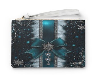 Teal Ribbon Snowflake Clutch Bag | Winter Sparkle Wristlet