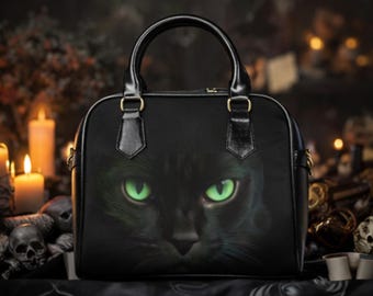 Emerald-Eyed Black Cat Shoulder Handbag | Cat Face Purse