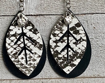 SNAKESKIN pattern Leaf Earrings with crystal accent, 2 1/4" by 1.5" inch. Final Sale!