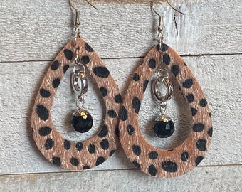 CHEETAH Teardrop Earrings, 2 1/2" by 1 1/2 inch, Cheetah and faceted crystal design, rust tones. Final Sale!