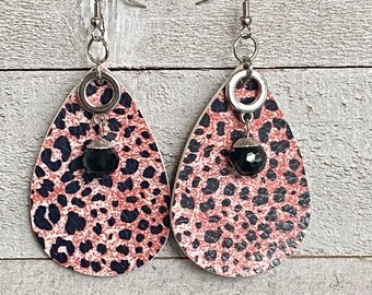 PINK LEOPARD with Glass Drop earrings, about 2 1/4" by 1 1/2 inch. Final Sale!