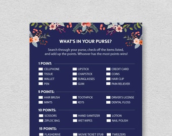 Purse Game Printable Bridal Shower | What's in your purse Wedding Shower Activity | navy floral chic modern fun best game checklist points