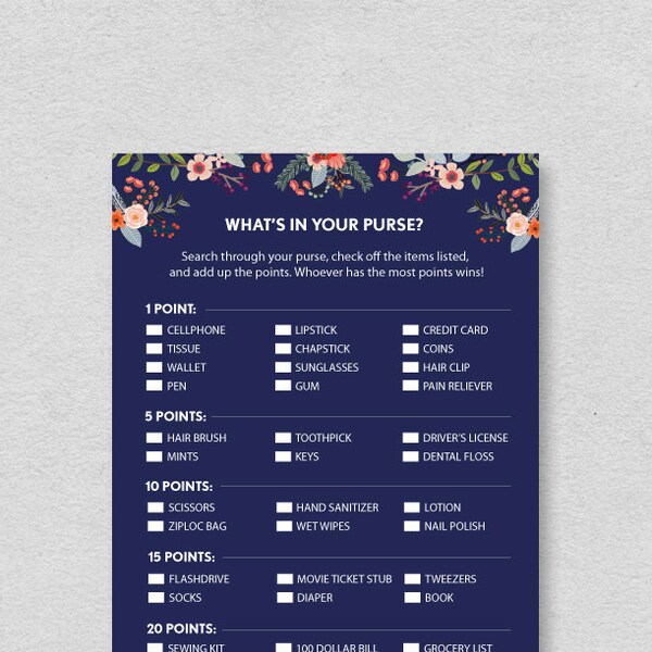 Purse Game Printable Bridal Shower | What's in your purse Wedding Shower Activity | navy floral chic modern fun best game checklist points