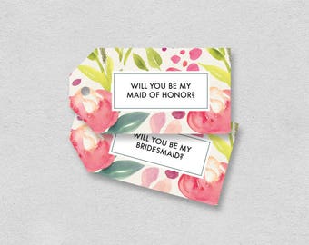 Bridesmaid Maid of honor tag printable | gift tag label will you be my bridesmaid | watercolor floral pretty wedding label maid of honor