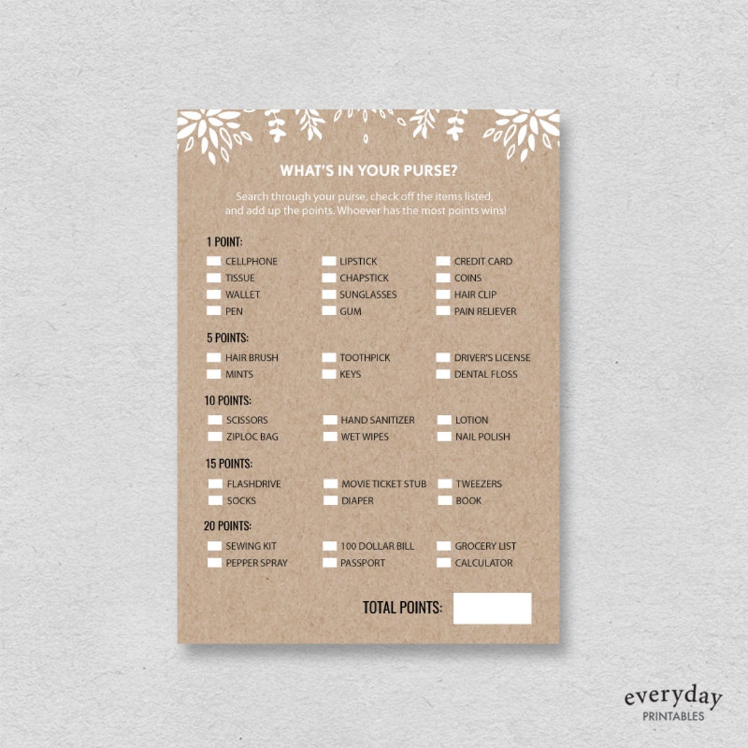 Printable Bridal Shower Purse Game Kraft Paper Brown White Floral What ...