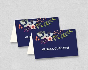 Printable food tent card label | customizable place cards | name card party decor | navy floral painted flower | fillable instant download