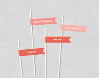 Girl baby shower printable topper flags | cupcake flags | straw flags | peach pink coral girl birthday party decorations | INSTANT DOWNLOAD