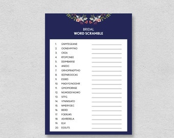 Printable Word Scramble Bridal Shower Game | navy floral modern flowers wedding shower activity | simple painted word game INSTANT DOWNLOAD