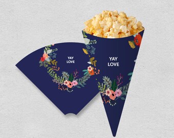 Printable snack cone treat cone | popcorn cone digital file | navy painted flower modern bridal shower wedding party cone | INSTANT DOWNLOAD