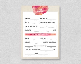 Watercolor Bridal Shower Mad Libs | Wedding Advice | Marriage advice bridal shower activity game | pink red fill in blanks INSTANT DOWNLOAD