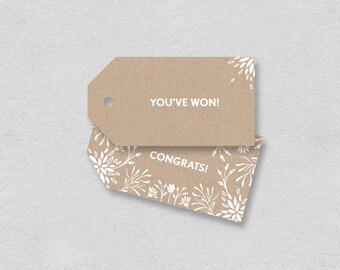 Printable prize tags kraft paper | congrats and you've won party gift tags | white floral party games winning prize tags | INSTANT DOWNLOAD