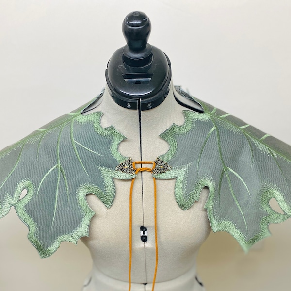 Embroidered, Sage green, , Elven leaf capelet, Elven Ranger Fall Leaf caplet Druids,Dryads CAPE,Fairy Leaf Pauldrons, Winter , Fairy Elf