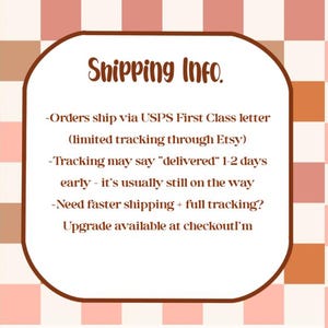 May include: A brown and white checkered background with a rounded rectangle containing the text "Shipping Info." and bullet points about shipping via USPS First Class letter.