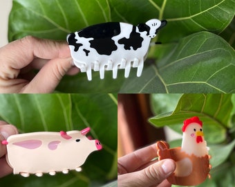Set of 3 Animal Claw Hair Clips, Cow Pig Chicken Farm Animals Hair Accessories, Kids Hair Barrettes