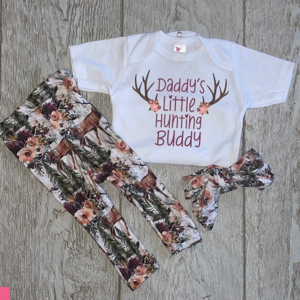 Daddy’s Hunting Buddy, Baby Girl Hunting Onesie, pants and hat. 3 piece baby set, baby shower gift, coming home outfit