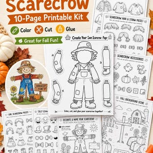 Puede incluir: Un kit imprimible de 10 páginas titulado Create Your Own Scarecrow con dibujos de líneas en blanco y negro para colorear, recortar y pegar. Incluye páginas para camisas, petos, pelo, paja, accesorios y escenas de fondo de espantapájaros.