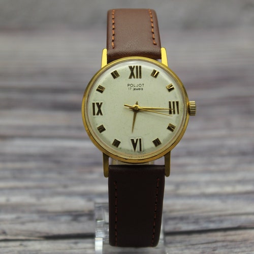 Gilded Roman numerals. Rare POLJOT mens watch USSR 1960s shops Serviced! Vintage Classic Soviet mechanical Gold plated AU20 watch. Gift for him!