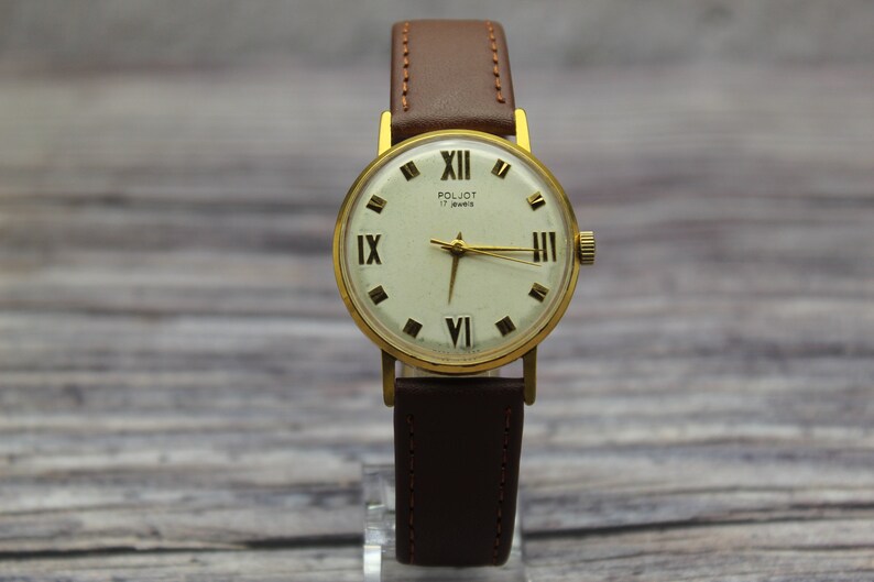 Gilded Roman numerals. Rare POLJOT mens watch USSR 1960s shops Serviced! Vintage Classic Soviet mechanical Gold plated AU20 watch. Gift for him!