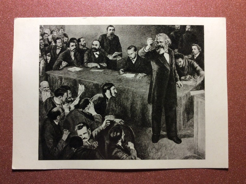 Vintage Soviet Russian postcard 1967 Karl Marx Artist Rzheznikov Speech German philosophers KARL MARX on Congress I International HAGUE