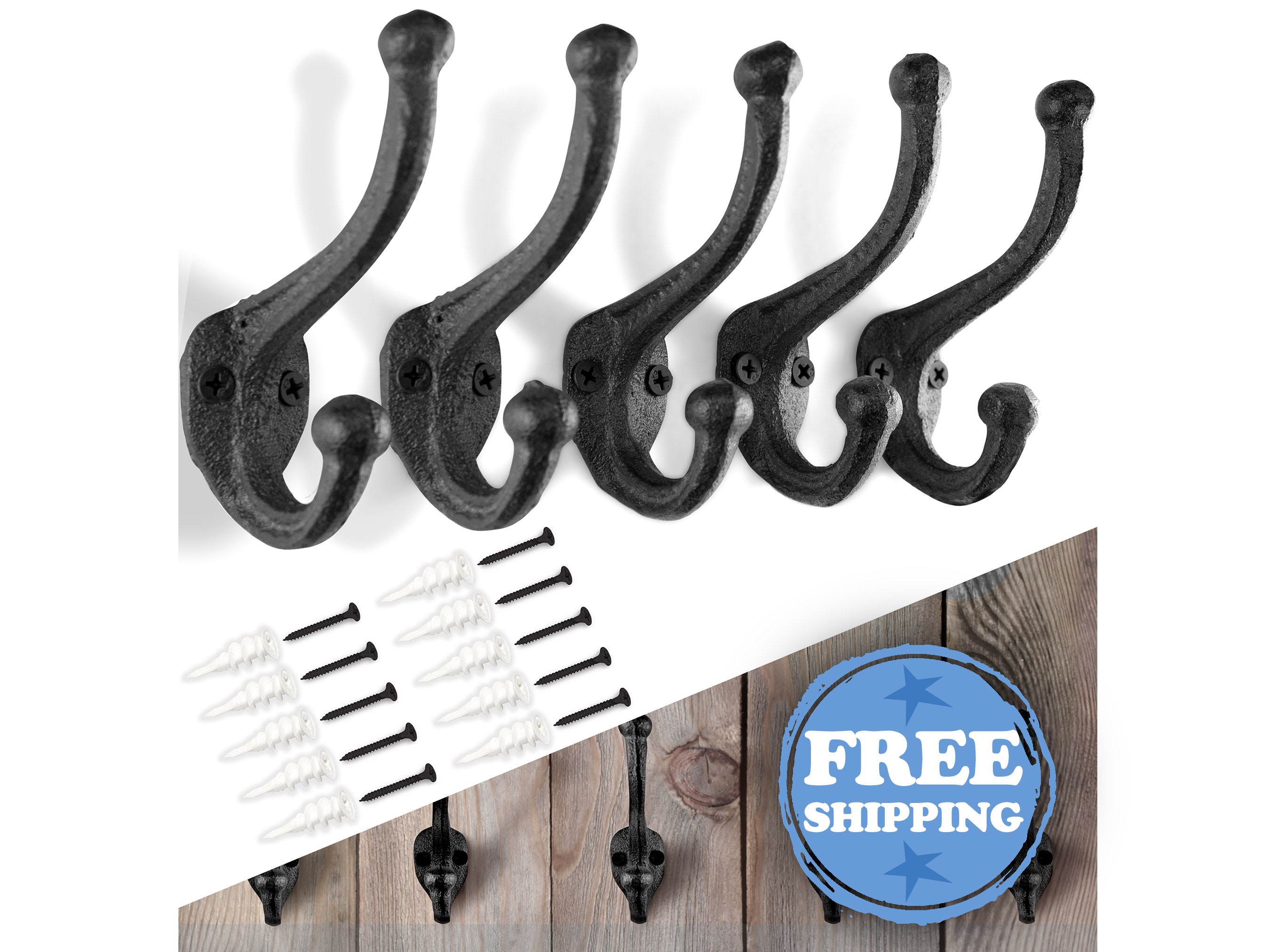 5-Pack Decorative Cast Iron Heavy Duty Double Wall Hooks, Vintage