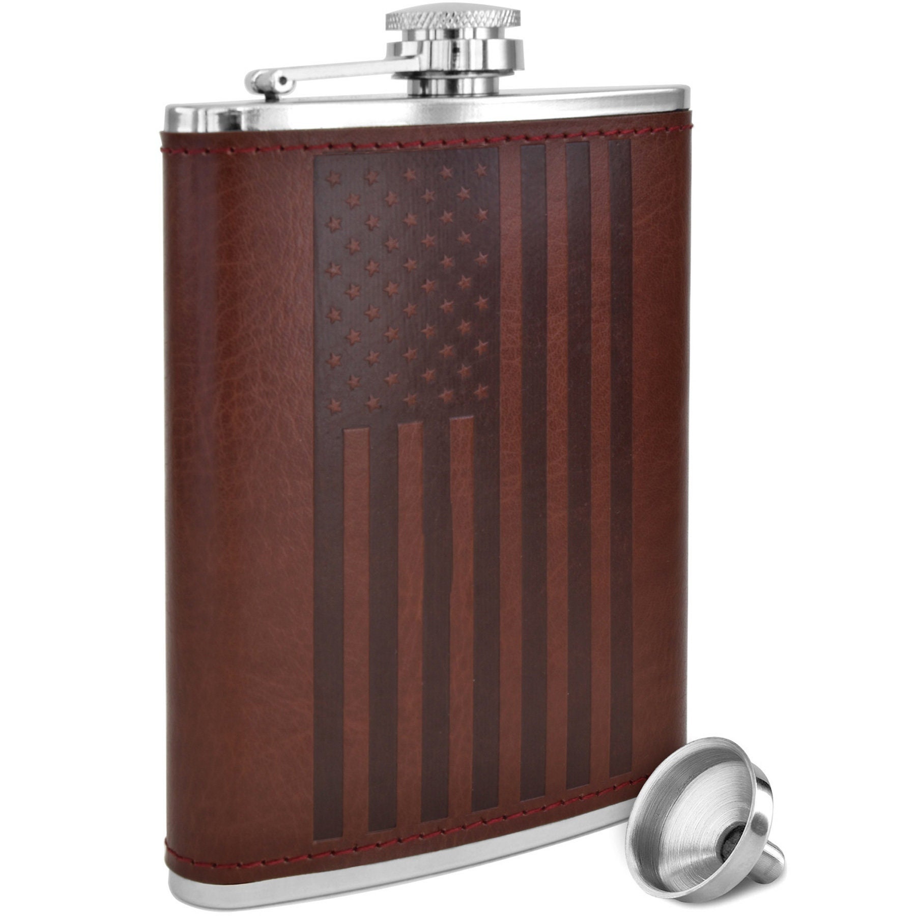 Leak Proof Black PU Leather Heavy Duty Hip Set Includes Funnel YWQ Stainless Steel American Flag Flask Soft Touch Cover Liquor Flasks 8oz 
