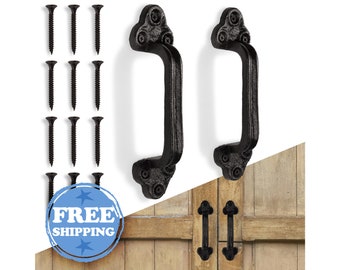 Large Rustic Gate Handles (Set of 2) Black, Farmhouse, Cast Iron, Barn Door Handle - Includes Hardware (9 inches, Indoor or Outdoor)