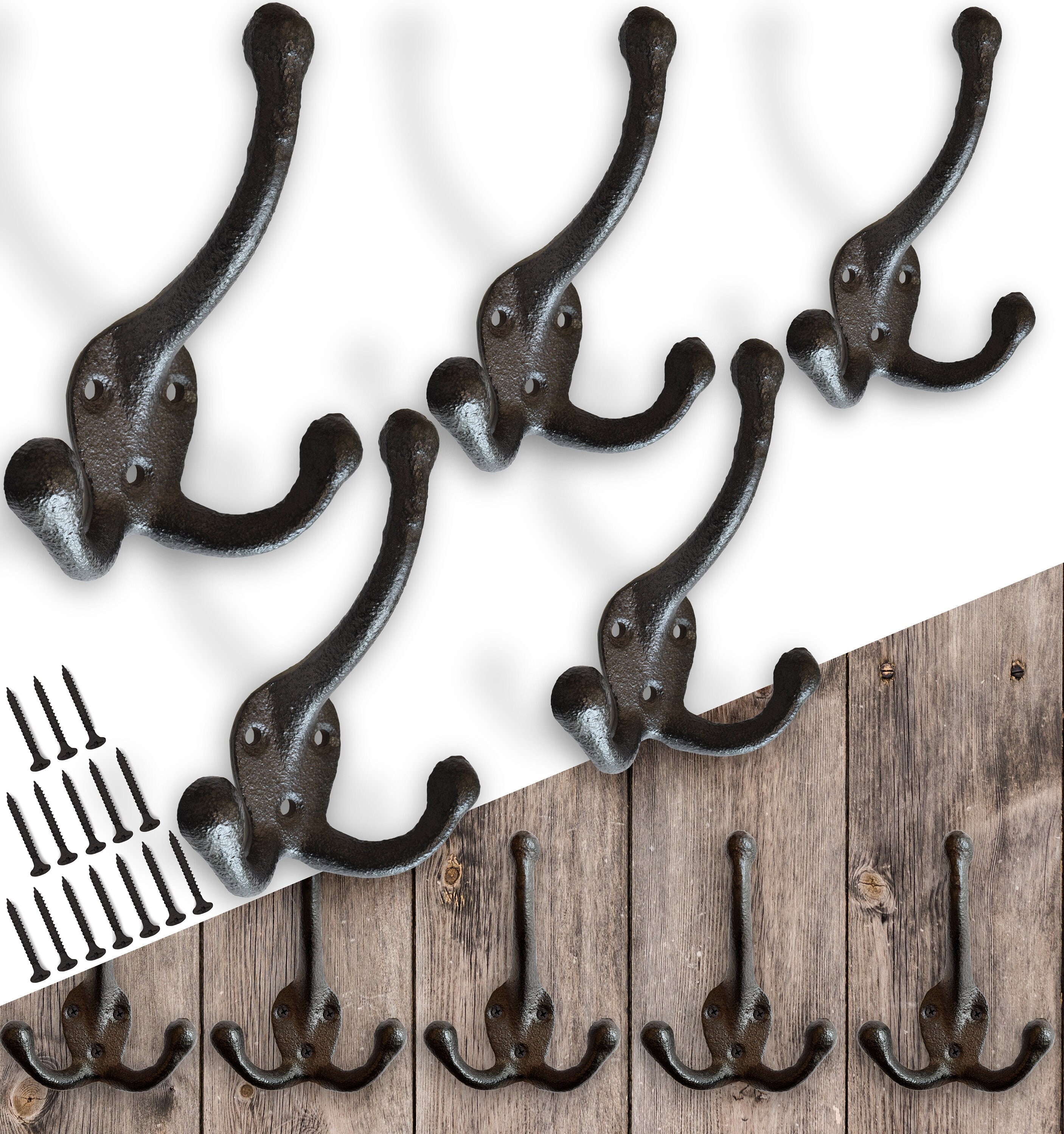Rustic Cast Iron Coat Hooks 5 Pack Wall Mounted Farmhouse Etsy