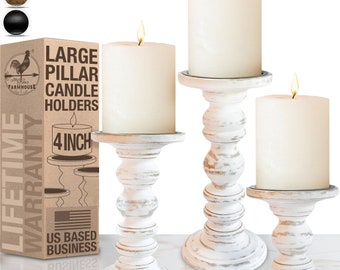 Antique White Wood Candle Holders for Pillar Candles (Set of 3) Fits Both 4 inch and 3 inch Wide Pillar Candles - Modern Farmhouse Decor