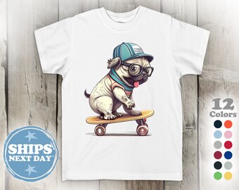 Toddler T-Shirt - Cute Skateboarding Pug Puppy TShirt - Cotton Funny Tee | Girl T Shirt | Boy T Shirt | Youth Shirt | Gender Neutral Gift