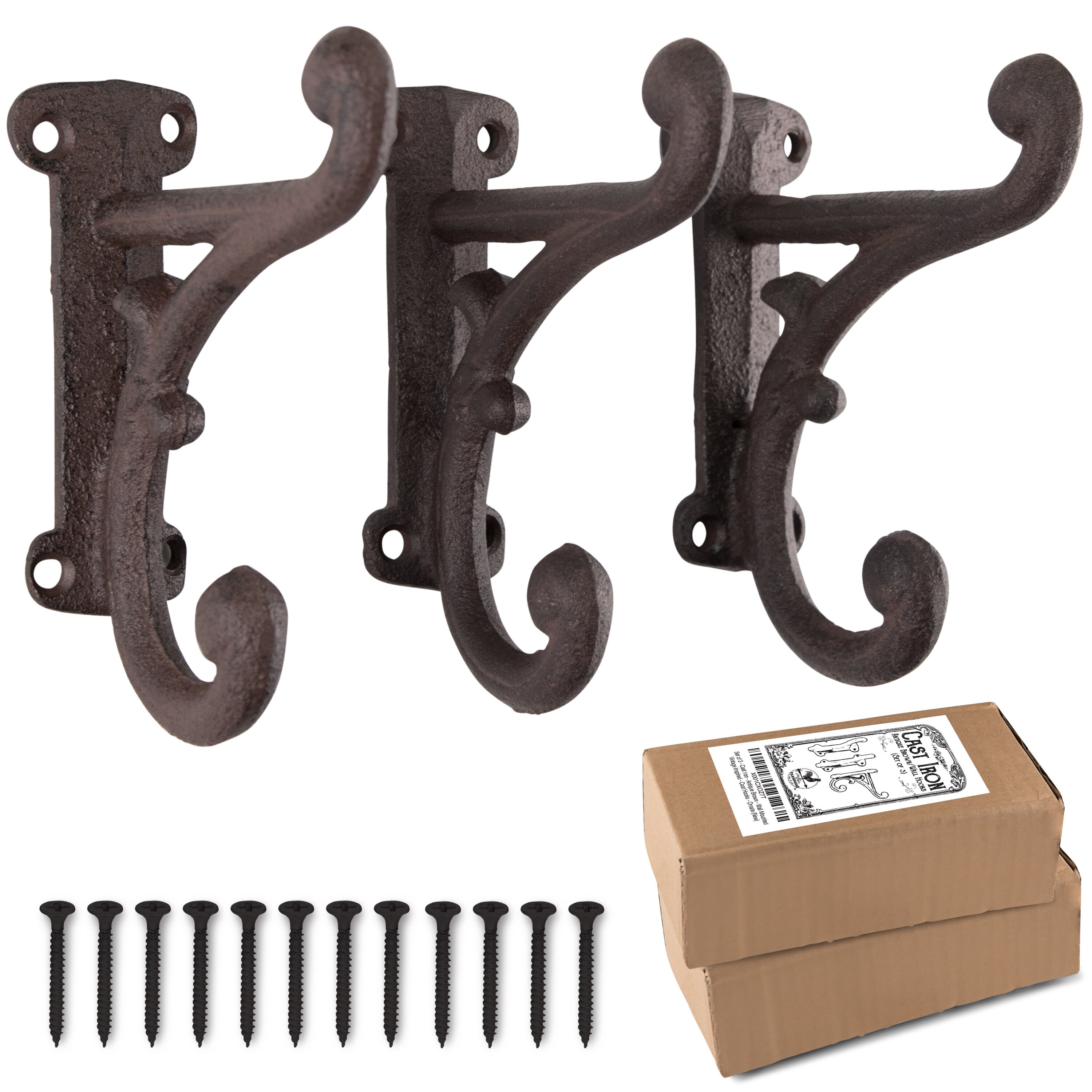 Rustic Cast Iron Coat Hooks 3 Pack Wall Mounted Farmhouse Decorative Wall  Hooks W/ Screws, Vintage Hooks for Hanging Coats antique Brown 