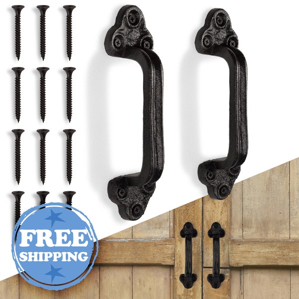 Large - Extra Rustic Gate Handles (Set of 2) Black, Farmhouse, Cast Iron, Barn Door Handle - Includes Hardware (9 inches, Indoor or Outdoor)